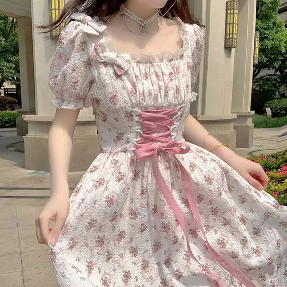 

Floral Dresses Women Lace-Up Puff Sleeve Sweet Princess College A-Line French Style Fashion Aesthetic Summer Personality Classic