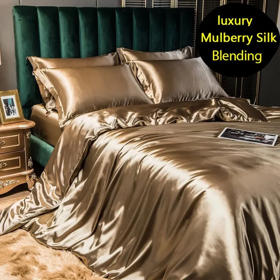 

Mulberry Silk Bedding Bed Sheet Duvet Cover Fitted Full Bedspreads Sets Double-sided Four-piece Set Satin Summer Bedroom Linens