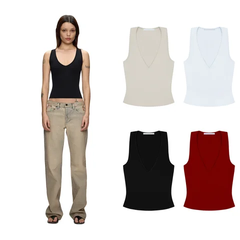 Tank Top for Girls with V-Neck, Wide Shoulder Straps, Low Neckline, Sleeveless, Slim Fit, Short Style, Inner Wear Top, Tight-Fitting, Waist-Cinching, Basic Style Sleeveless T-Shirt, V-Neck Racerback Tank Top