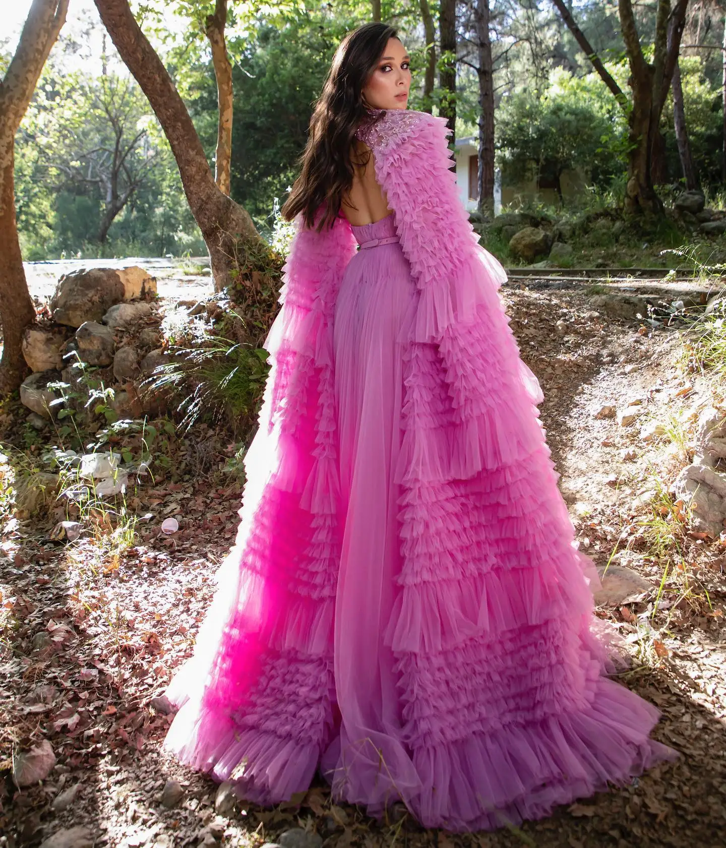 Stunning Fuchsia Long Women Maxi Gowns With Jacket Ruffles Tiered Tulle Full Sleeves Saudi Arabic Eveining Dresses