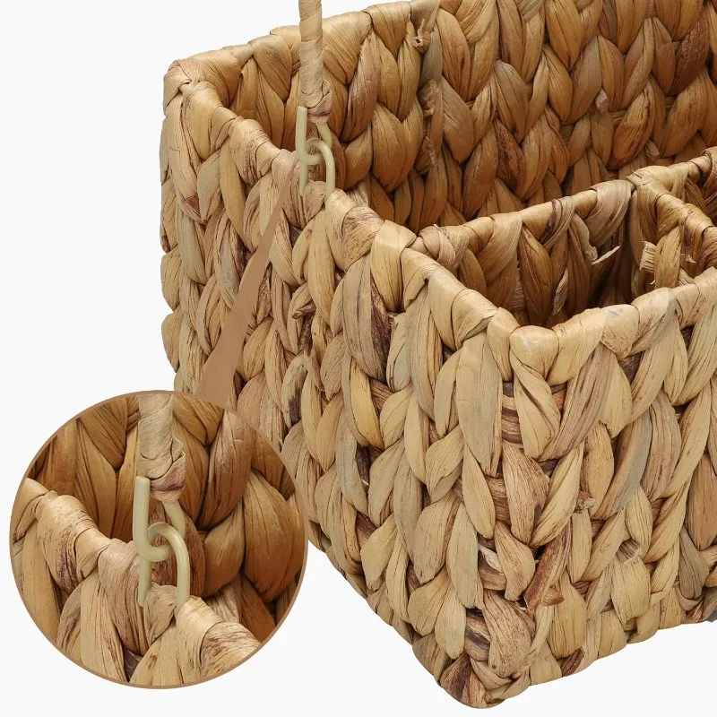 Hand Woven Storage Baskets Kitchen Party Utensil Holder Picnic Basket Rectangular Container Organizer 3 Grids with Handle