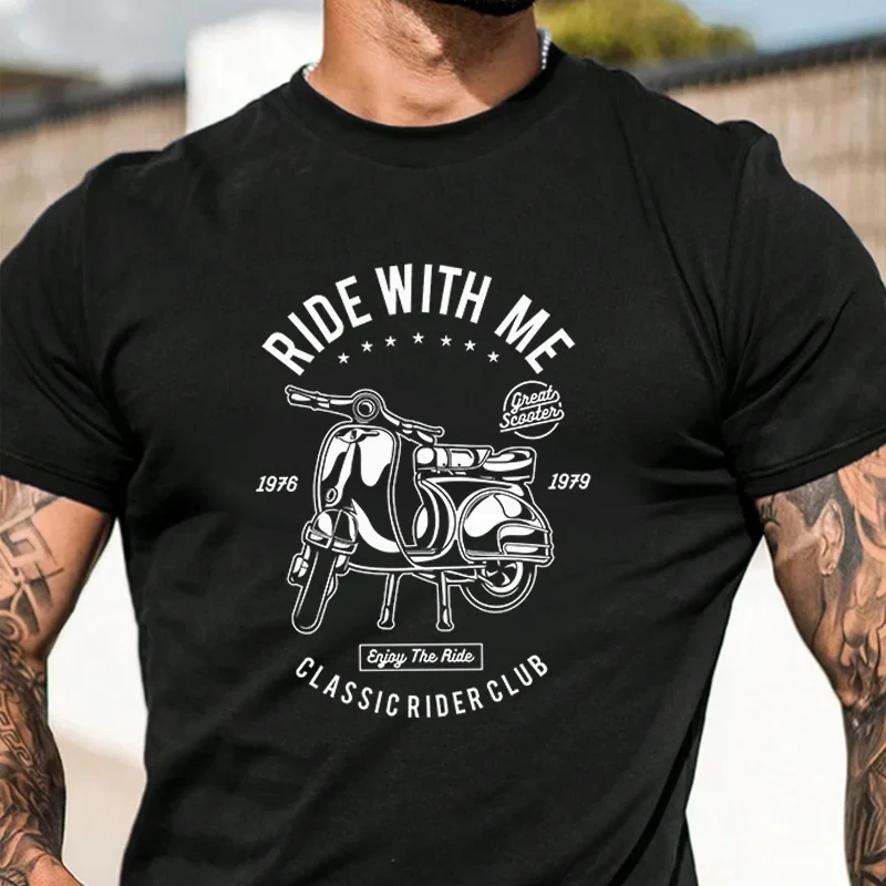 

Tshirts Men's Scooter Ride With Me Motorcycle Biker MOD Retro Short Sleeve T-shirt Casual Round Neck Top Clothing Size S-3XL