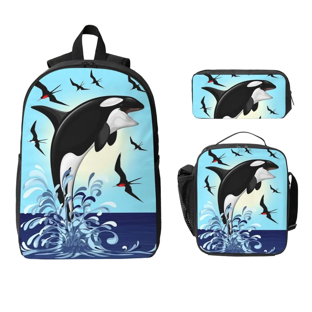 Orca Killer Whale Jumping Out The Ocean Backpack BookBag School Bag Laptop Shoulder Bags 3ps Insulated Lunch Bag Pencil Case