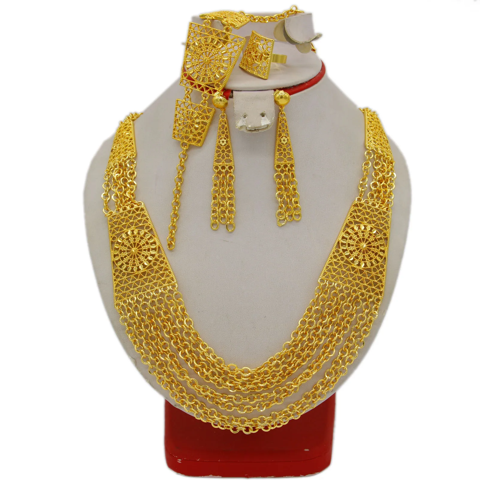 Adixyn Indian Dubai Gold Color Jewelry Set For Women 60cm Necklace Bracelet Earring Ring Set Bridal Wedding Gifts N09076