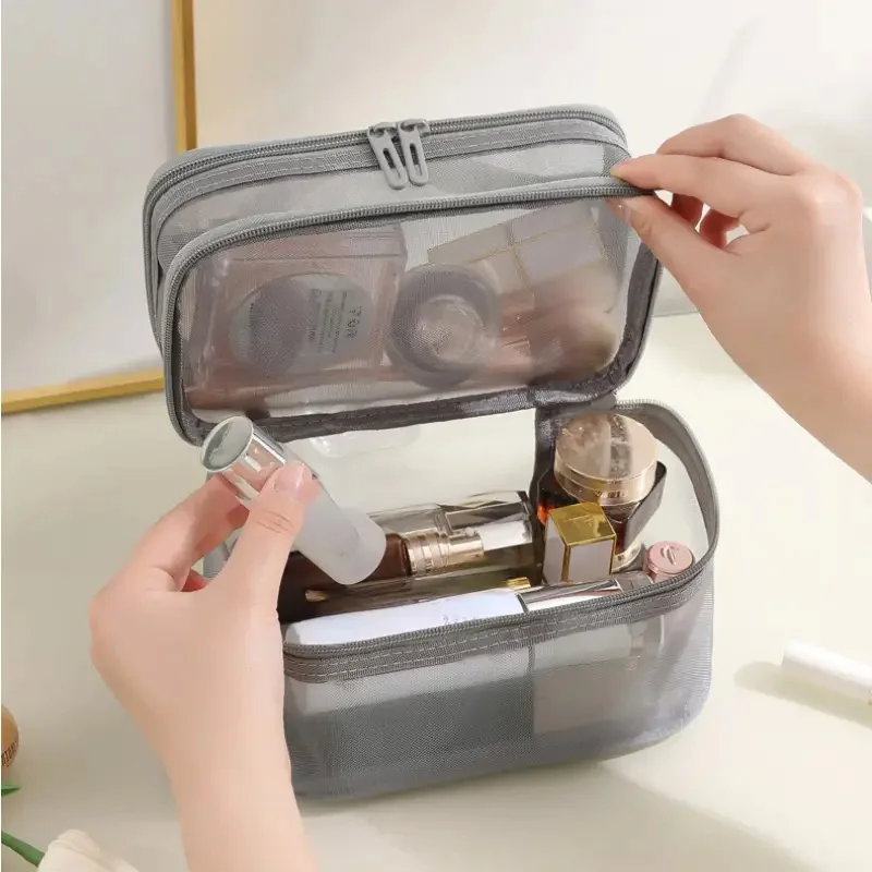 Borsa per il trucco in tessuto a rete di grande capacità travel essentials cosmetics Organizer borsa da toilette per donna borsa per cosmetici con