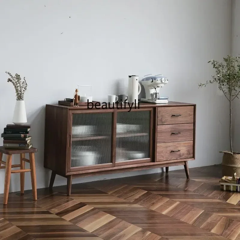 R11 Black Walnut Solid Wood Sideboard Cabinet Japanese Kitchen Household High Cabinet Cupboard Wine Cabinet
