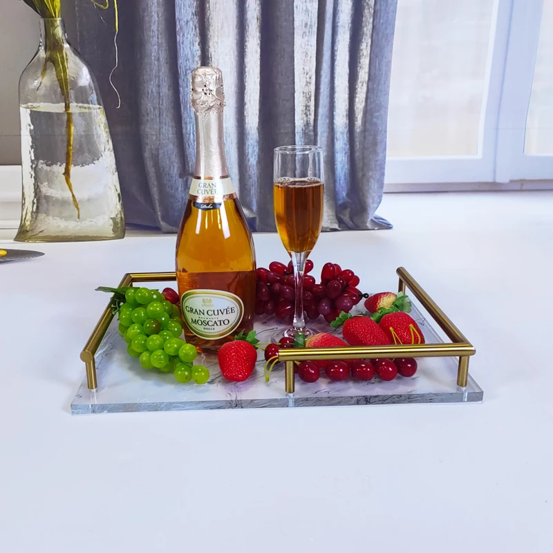 Modern luxury acrylic food tray 6mm thickness, custom color, gold handle,  home restaurant