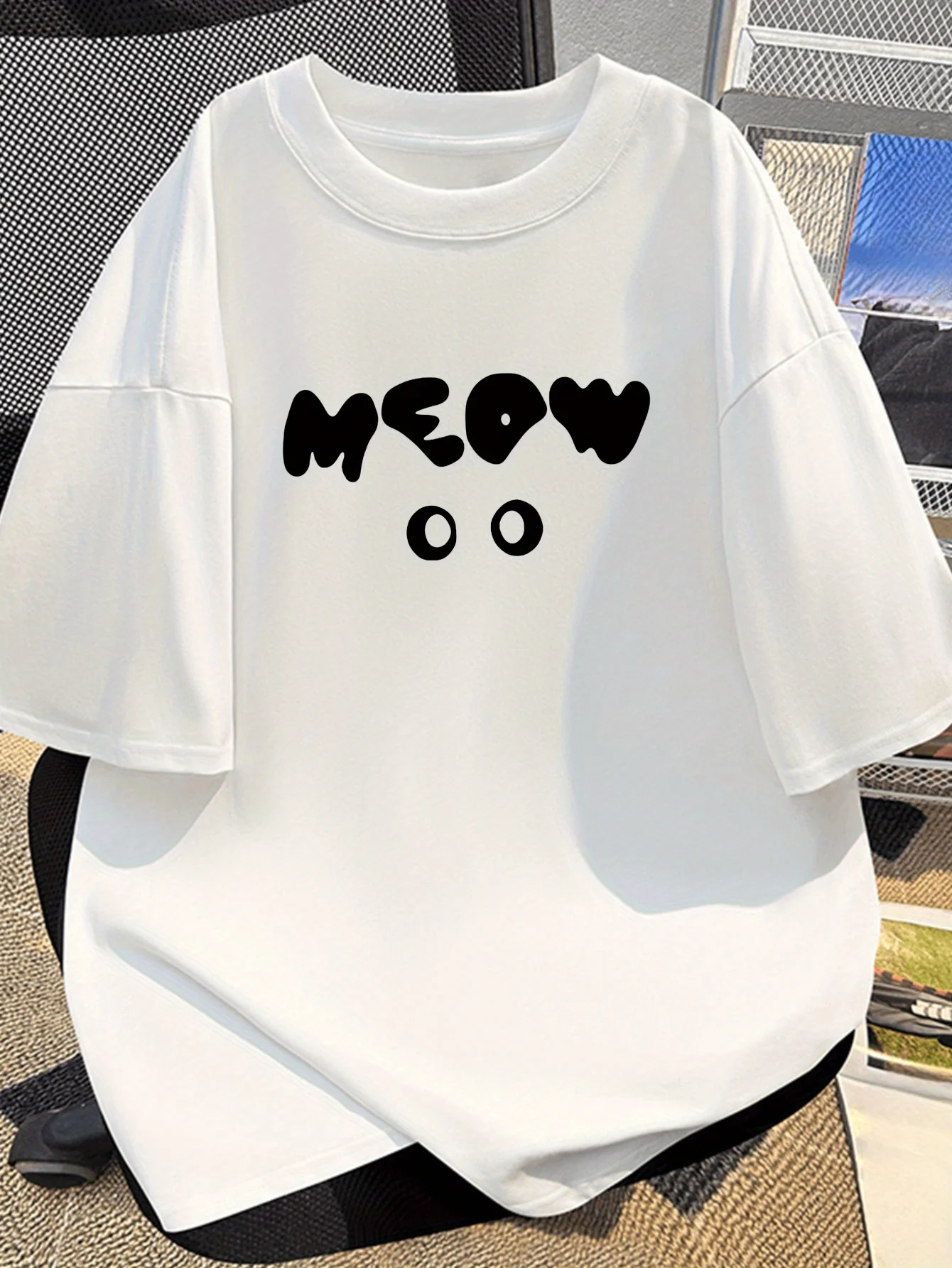 MEOW Simple Graphic Cotton T-shirt Men Women Minimal Cartoon Short Sleeve Unisex Casual Daily Streetwear Basic Tops