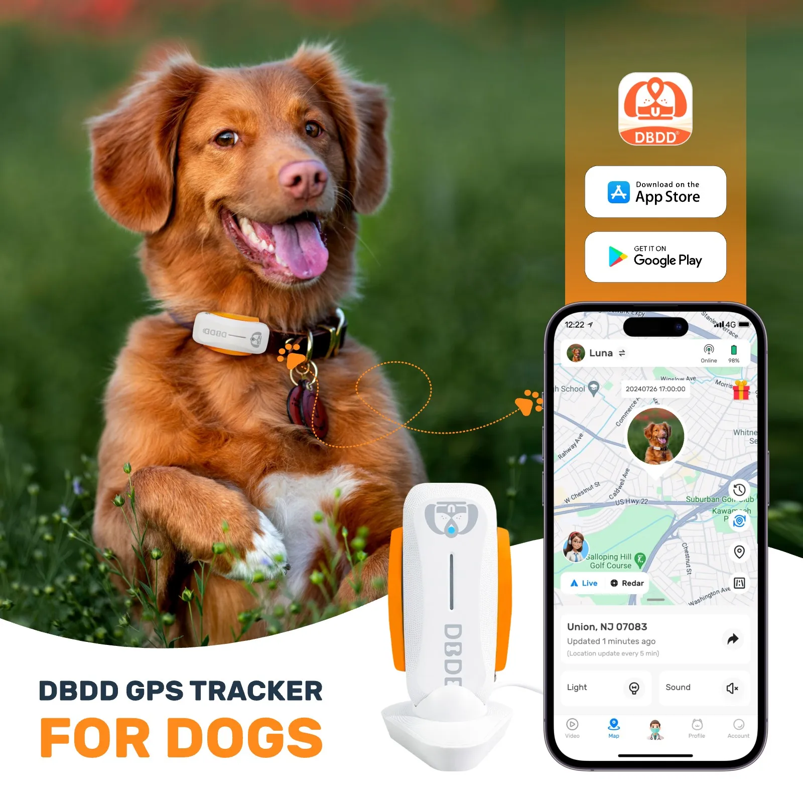 Smart Waterproof Dog GPS Tracker Real-Time Location Escape Alerts Activity Monitor for Dogs Compatible with iOS & Android