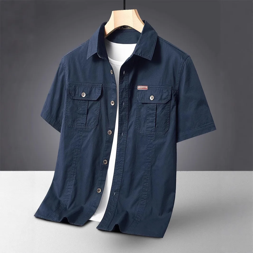

Casual American Workwear Trendy Brand Short Sleeve Shirt Men's Loose Fit Korean Style Pure Color Work Shirt