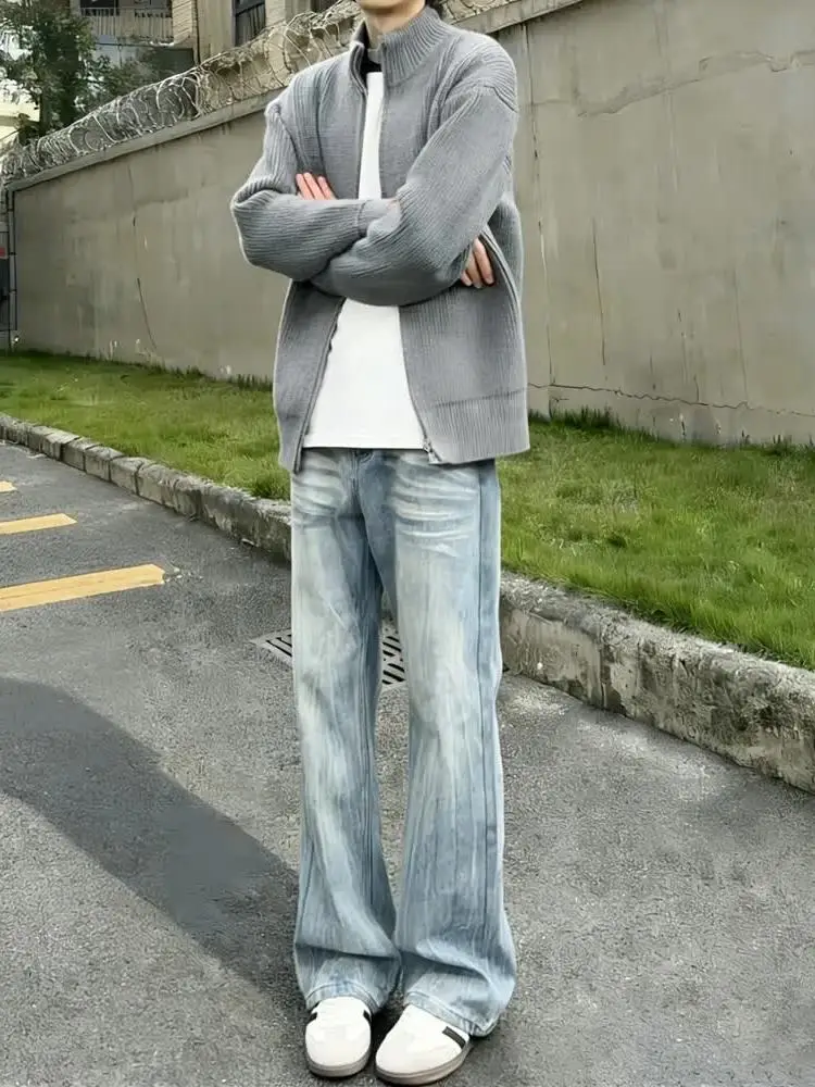 

Retro American Lightning Bamboo Pattern Thickened Fleece Straight Leg Jeans Men's Autumn Winter Cleanfit Flared Pants