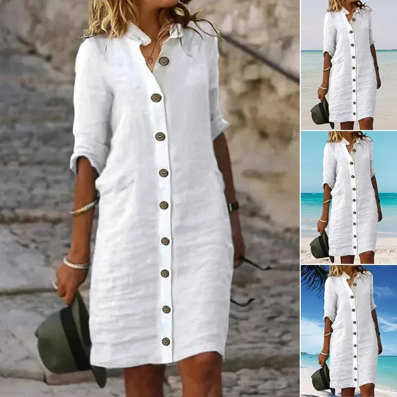 

2024 Round Neck Solid Loose Casual Women Simple Shirt Dress Tops Single Breasted Mid Length Straight Dresses Full Sleeve Autumn