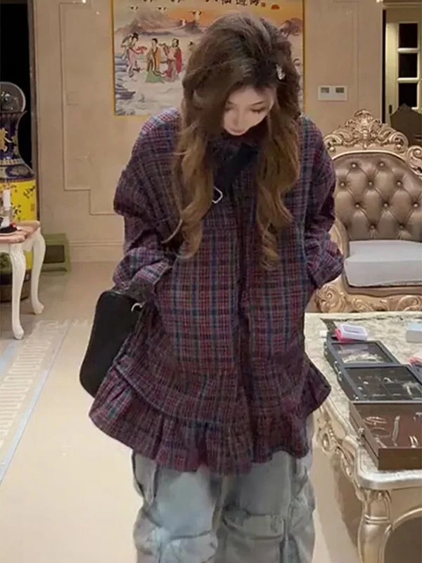 plus Size Fce Lined  Collar Midi irt for Women Casual Sle id Pattern Cotton Polyester Blend Breathable Long Sve