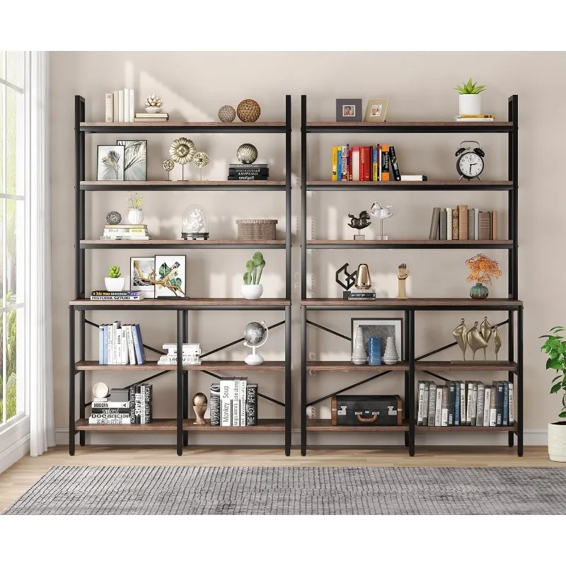 6-Tier Bookshelf,Industrial Bookcase with Open Shelf,6 Shelf Storage Rack with X-Shaped Frame,Rustic Book Shelf for Living Room