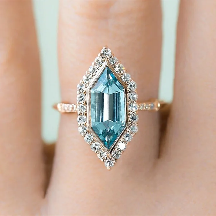 Rhombus Aquamarine Topaz Engagement Rings for Women Vintage Marquise Crystal Ring Wedding Band Ring Birthday Valentines Day Gift