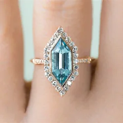 Rhombus Aquamarine Topaz Engagement Rings for Women Vintage Marquise Crystal Ring Wedding Band Ring Birthday Valentines Day Gift