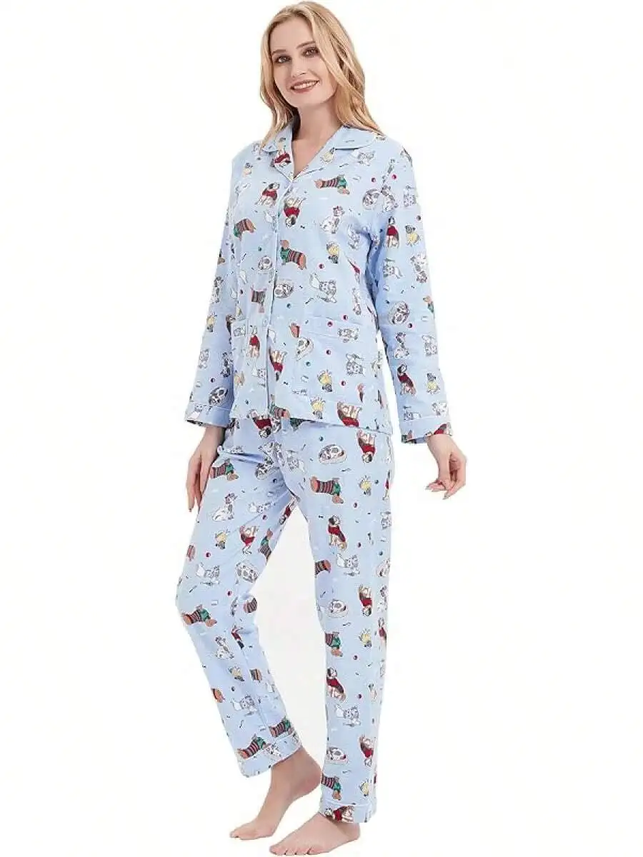 Womens Cotton Flannel Pajama Set Long Sleeve Button Front Drawstring Waist Warm Sleepwear