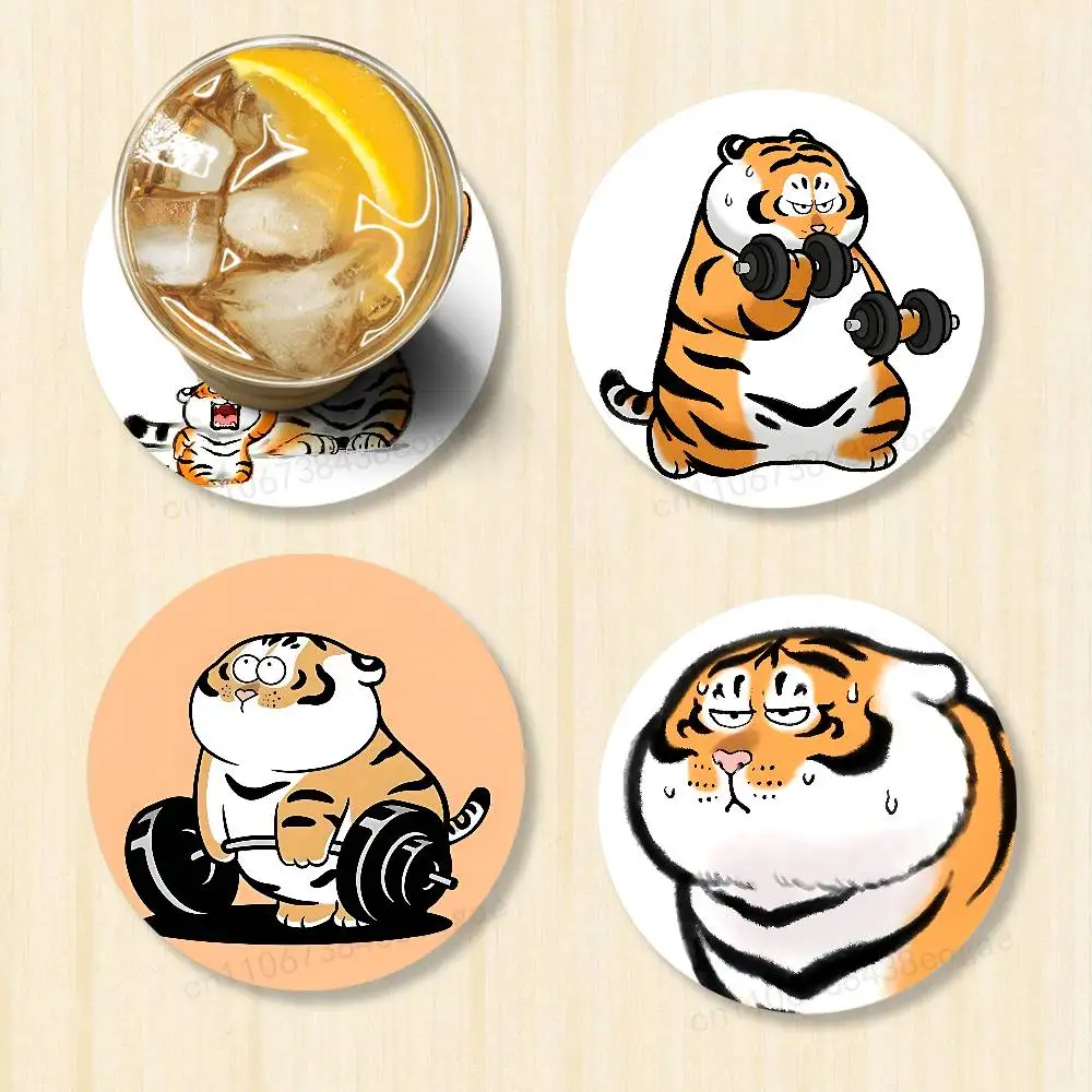 Funny Cute Tiger Emojis Multifunctional Coasters Round Wooden Heat Resistant Non-Slip Home Decor Gift