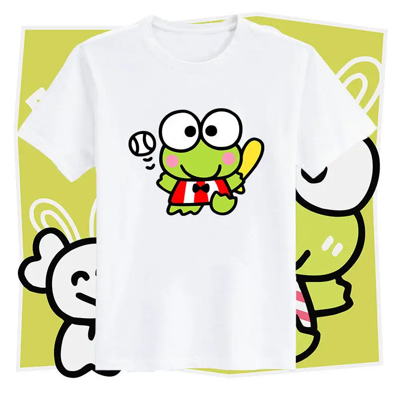 

Белая футболка Sanrio Keroppi с мультяшным принтом, новая летняя мужская и женская свободная повседневная трендовая универсальная футболка, топ с короткими рукавами