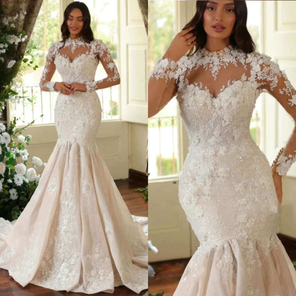 

Elegant Mermaid Wedding Dress Sequins 3D Appliques High Neck Long Sleeve Bride Gowns Sweep Train Bridal Dresses Custom Made