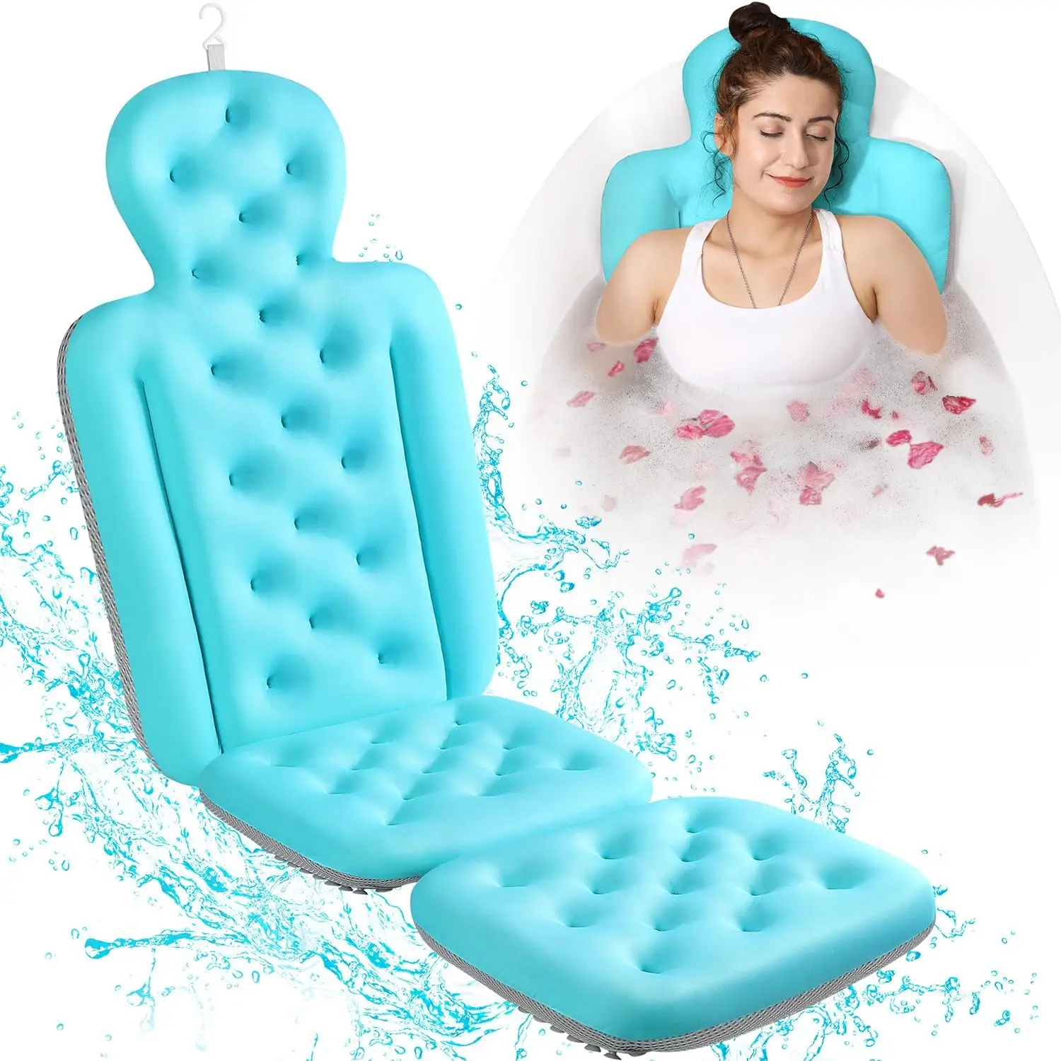 

Luxury Full Body Bathtub Pillow with Suction Cups, Blue 51x16 Inches for Head and Back Support