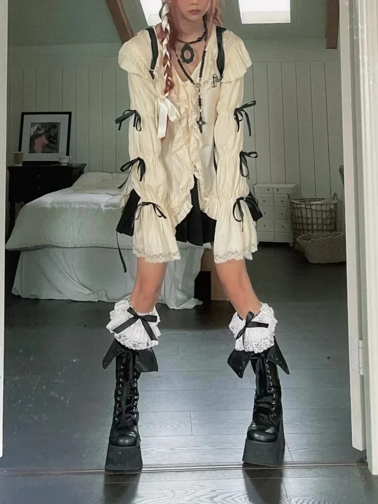 

Y2k Aesthetics Lace Shirt Grunge Gothic Irregular Blouses Fairy Harajuku Bandage Vintage Lolita Clothes Mall Goth