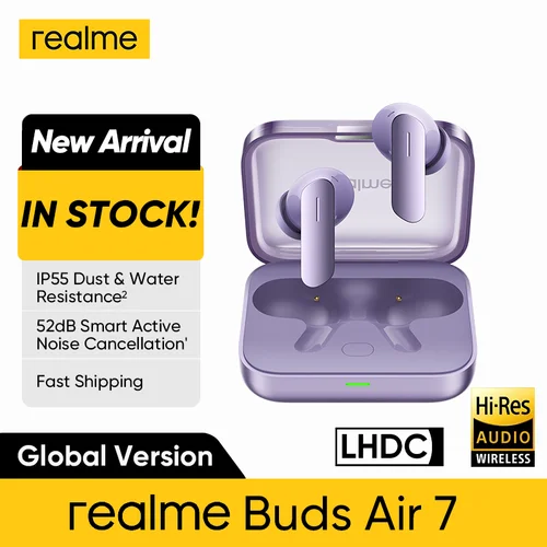 Versión Global realme Buds Air 7 TWS auricular 52dB cancelación de ruido 52 horas de duración de la batería 12,4mm controlador de graves LHDC 5,0 IP55