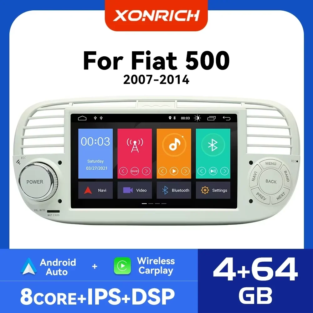 2Din Wireless Carplay Android 12 Car Multimedia Player For FIAT 500 GPS Navigation RDS Stereo Audio Head Unit IPS DSP 4G Wifi