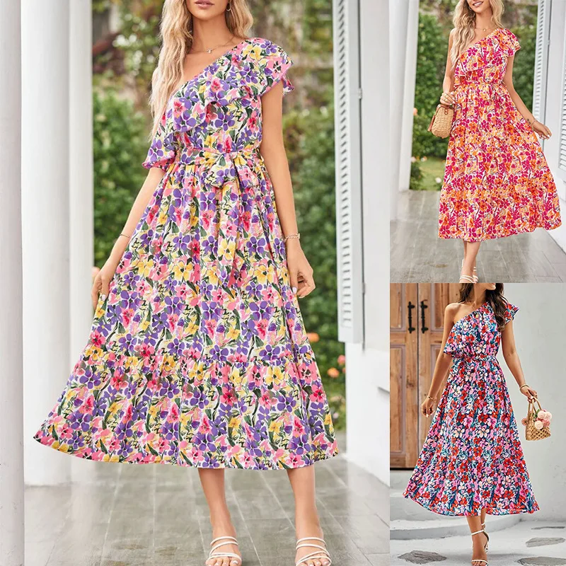 تنورة Ele 2024 للسيدات مطبوعة بدون أكتاف مع حواف من الدانتيل، تنورة متوسطة الطول من قماش البوليستر بنمط الأزهار