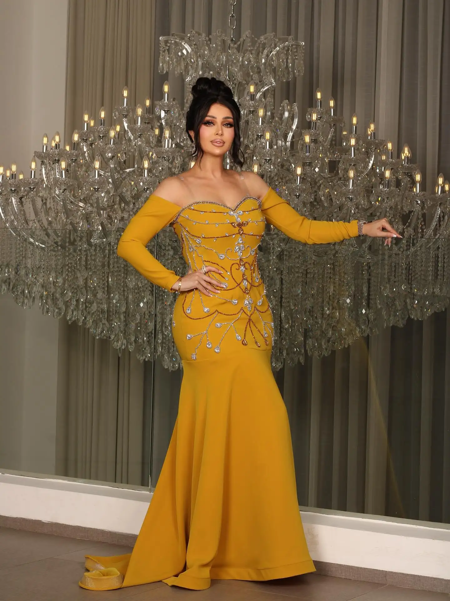 customized Arabic Evening Dresses Long Sleeves Gold Formal Women Prom Dresses Strapless Dubai Women Wedding Party Gowns