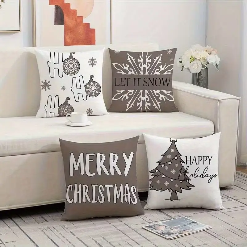 VIKAMA 4Pcs Scandinavian Christmas Tree Happy Holidays Pillow Covers Cushion Cases Sofa Couch Bedroom Home Decor Without Insert