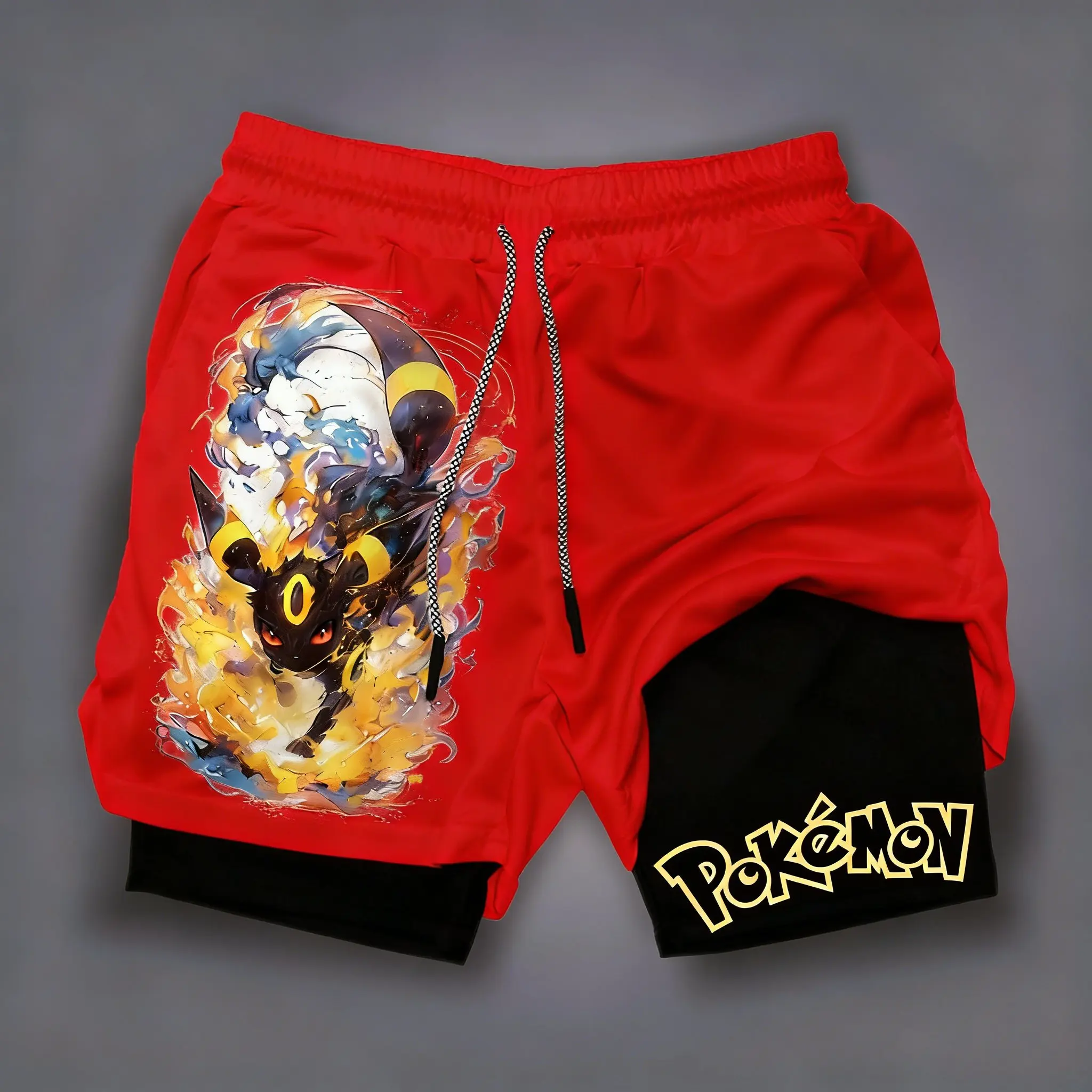 

2026 Anime Pokemon Print Men's Shorts Streetwear Stretch Pants Unisex Summer Beach Pants Double-layer 2 in 1 Quick-drying Pants