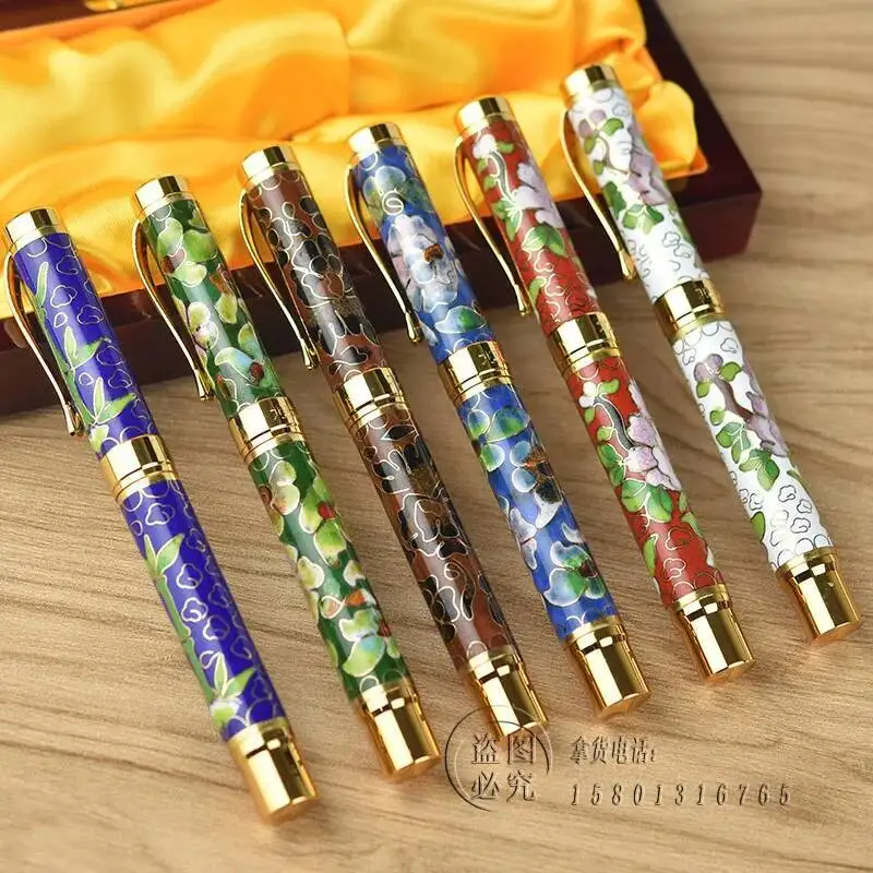 

Cloisonne Fountain Pen Beijing Characteristic Pure Hand Cut Silk Enamel Plated Gold Writing Pen 0.5mm