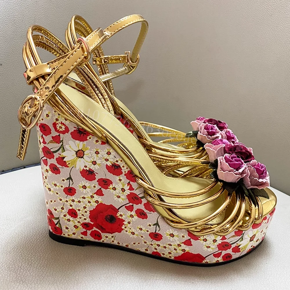 Flowers Print Pattern Sandals Gold Flower Decor Shoes for Women Wedges Heels Fashion Shoes for Summer 2025 Zapatos Para Mujere