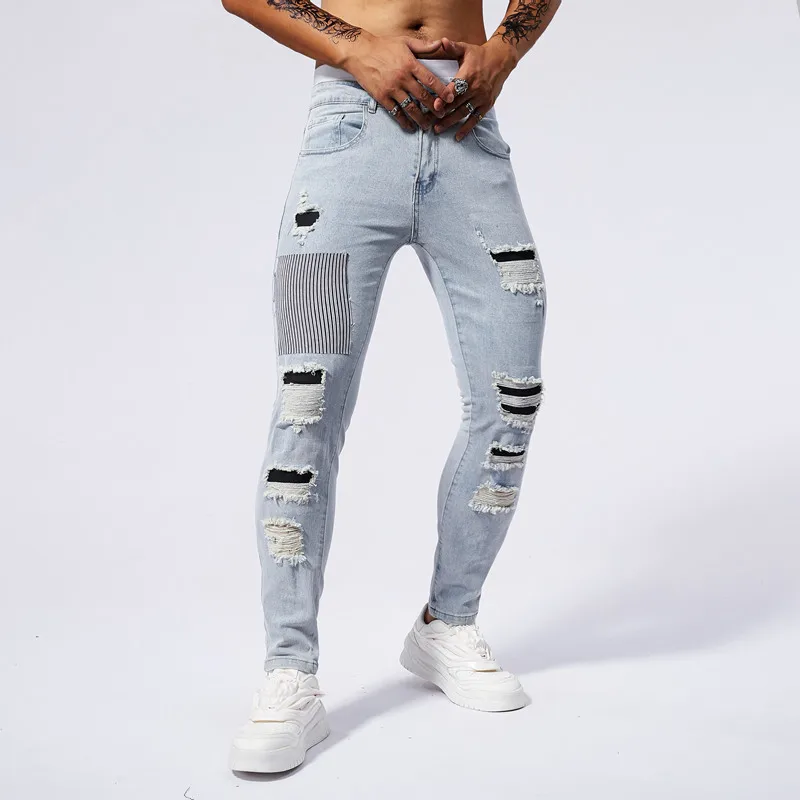 Skinny Jeans Men's Hole Patch Stitching Fashion Men's Clothing 2024 New High-End Stretch Slim Fit Tapered Pants