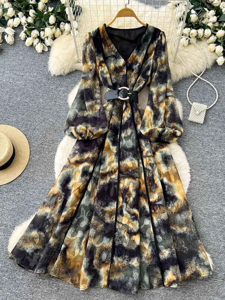 

Elegant V-neck Long Sleeve Print Dress Women's Summer Waist-cinching A-line Skirt Commute Friendly Korean Style Dress