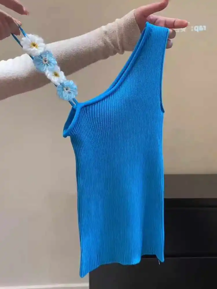 Sky Blue Yellow Flower Sloping Shoulder Knitted Camisole Vest Women Summer Vacation High-end Feeling Sleeveless Top