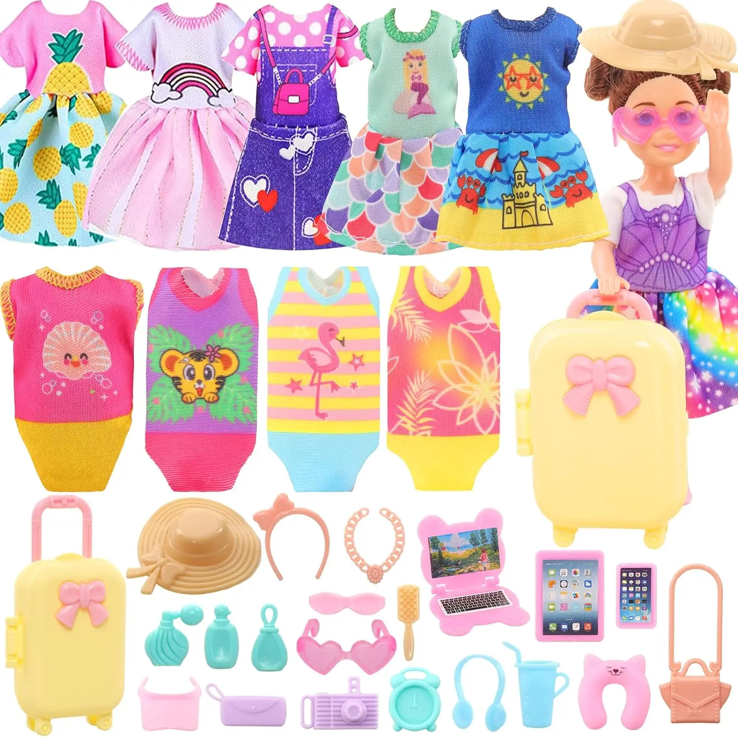 

27 Pcs Doll Suitcase Luggage Travel Clothes and Accessories for 6 inch Dolls , Including 1 Suitcase 6 Clothes 1 Glasses 19 Trave