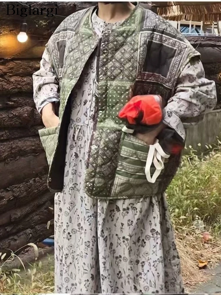 

Autumn Winter Padded Cotton Sleeveless Vests Coat Women Floral Print Fashion Ladies Vests Jackets Korean Style Loose Woman Coats