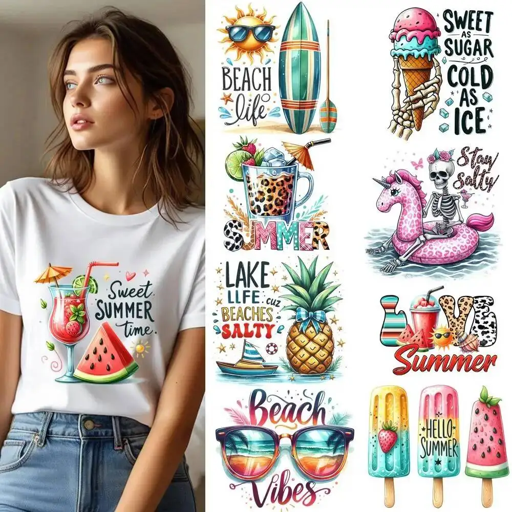 

25cm Cartoon Summer Drink Popsicle Iron On Heat Transfer Sticker DTF Iron On Transfer Patches For Clothes T-shirt Appliques