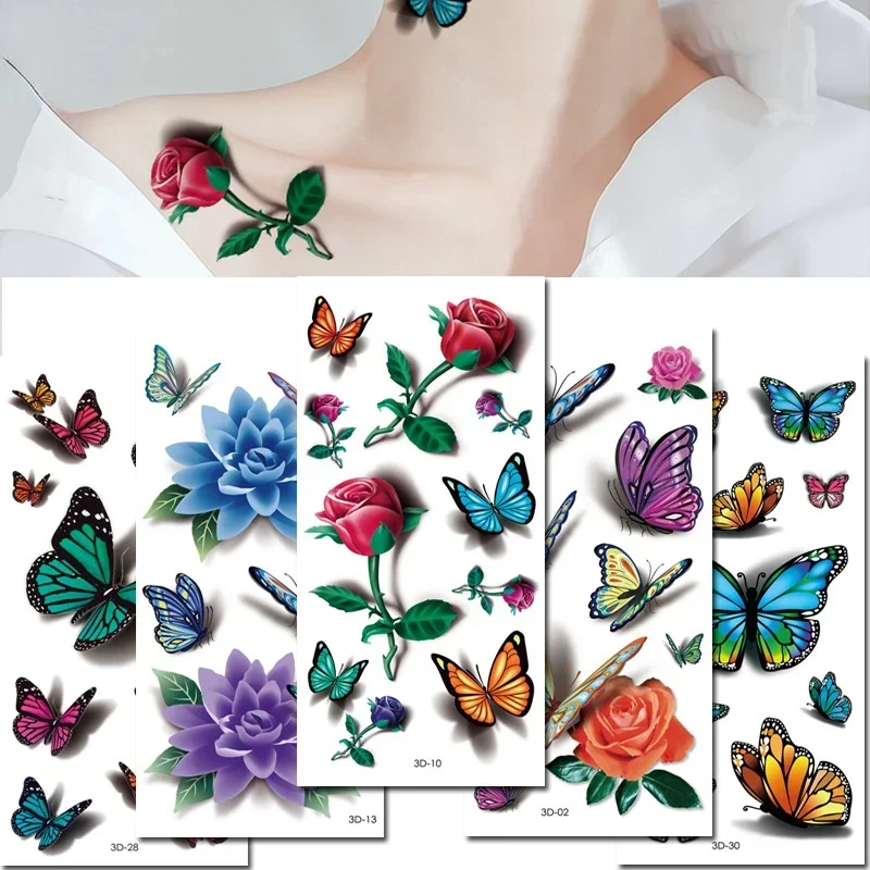 Temporary Tattoos Sticker for Women Body Art Tattoo Sticker 3D Butterfly Rose Flower Feather Tattoo Waterproof Halloween Gift