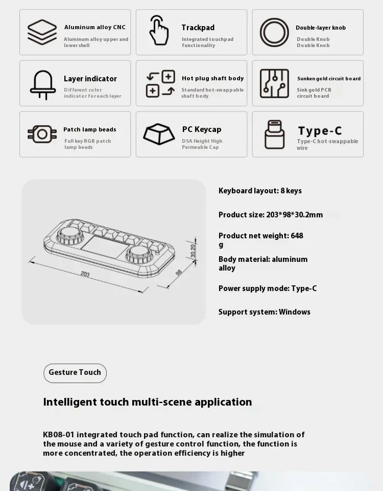 DOIO KB08-01 Mechanical Keyboard Integrated Touchpad Double Knob Double Layer Designer Aluminum Alloy Mini Keyboard Accessories