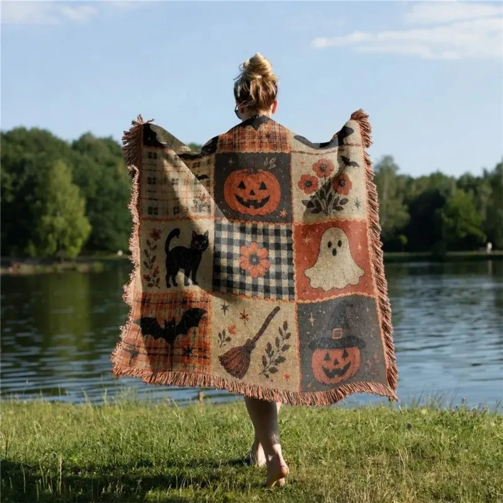 Vintage Halloween Patchwork Blanket Dark Style Warm Pumpkin Ghost Blanket Soft Black Cat Bat Print Sofa Blankets Travel