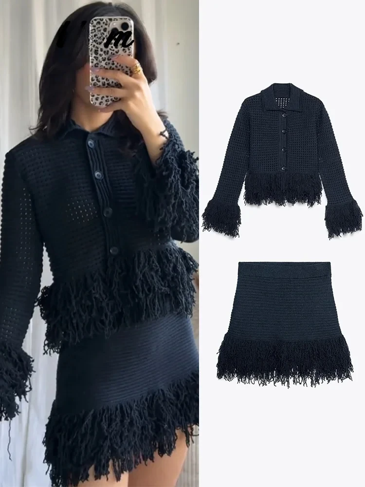 

Kint Tassel Cardigan Skirt Women Set Lapel Button Sweater Pleated Min Elastic Waist Skirts 2025 Spring Summer Solid Lady Suit