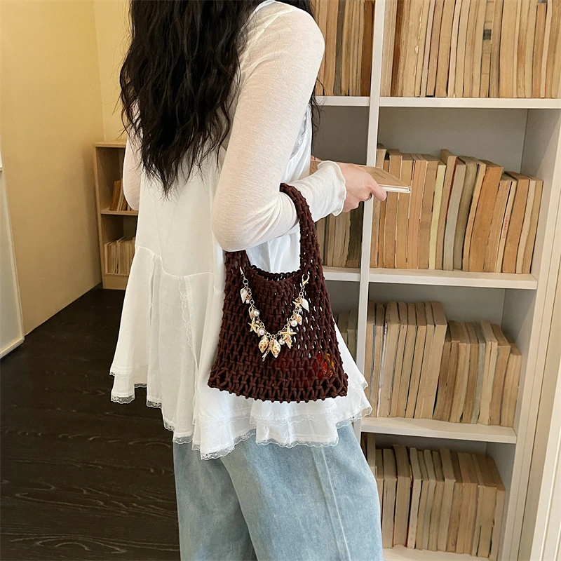 Summer Hollow Out Crochet Mesh Tote Bags Hot Sale Mini Beach Youth Shoulder Purse Shell Starfish Chain Hot Pink Woven Handbag view 4