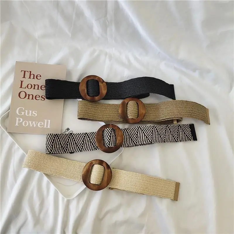 

Round Wooden Buckle Dress Belts For Women Elastic Straw Belt Casual Braided Waist Strap For Women Bohemian Weaving Accessories