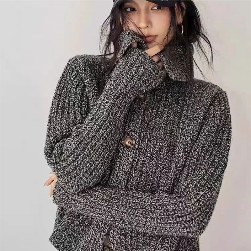 

100% чистая шерсть, женские короткие вязаные кардиганы, повседневные водолазки, топы, осень-зима, новый утепленный свитер с лацканами, женское модное пальто