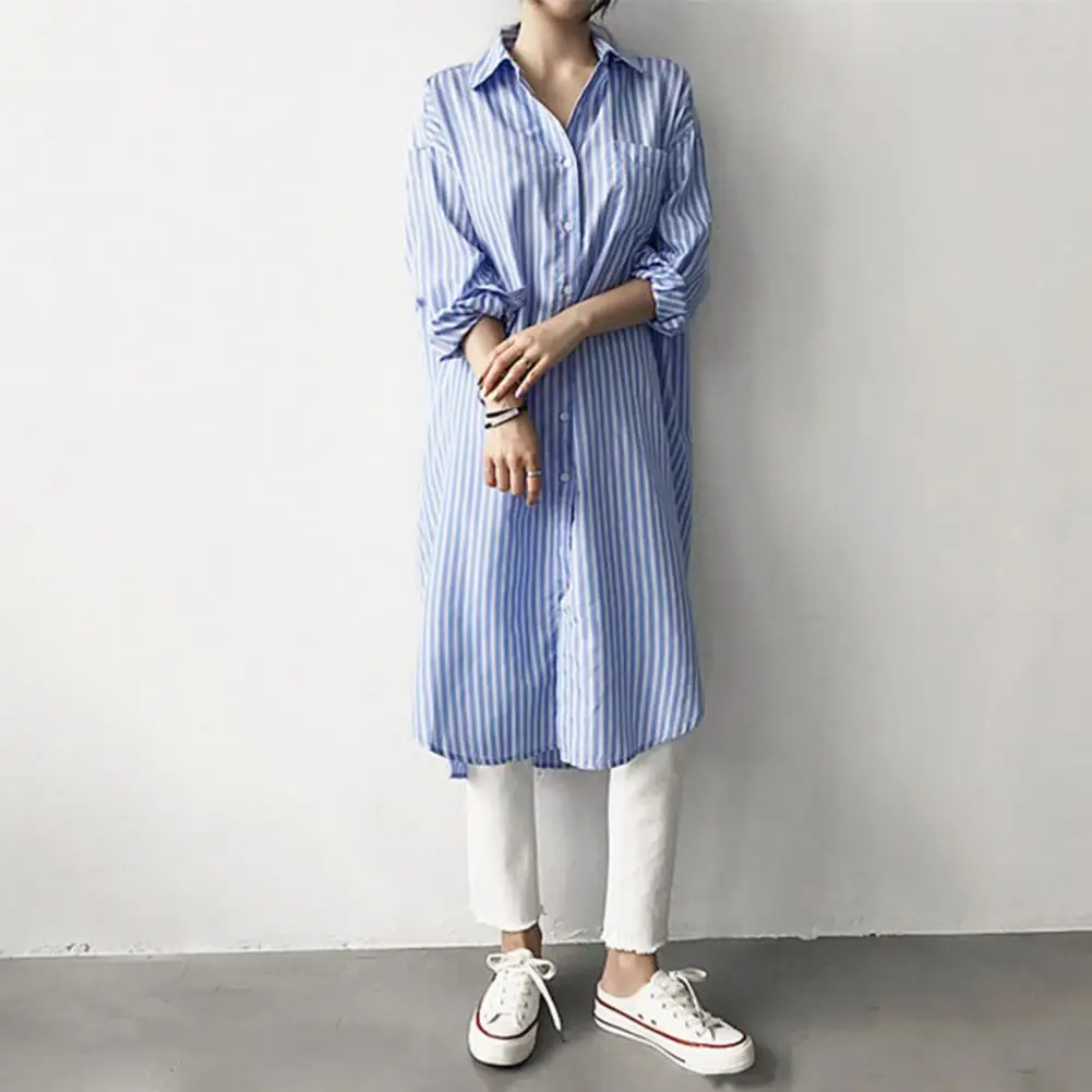 Women Shirt Blue Striped Long Shirt Dress Long Sleeves Single-breasted Cardigan Split Hem Spring Summer Blouse Lady Clothing