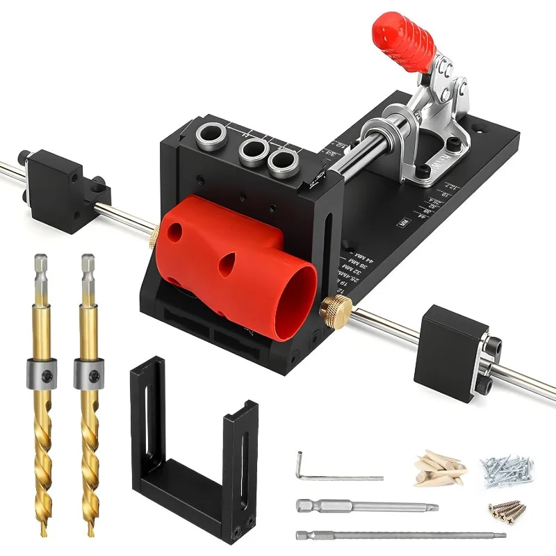 Pocket Hole Jig System with Side Support Adjustable Drill Guide with 2 Drill Bits for Woodworking Aluminum Dowel Jig XK4S PRO