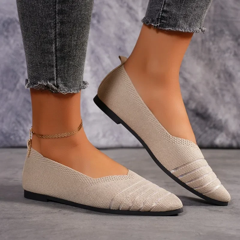 New Women Pointed Toe Flat Shoes Solid Color Knitted Slip on Shoes Casual Breathable Ballet Flats Women Flat Shoes Loafers Women